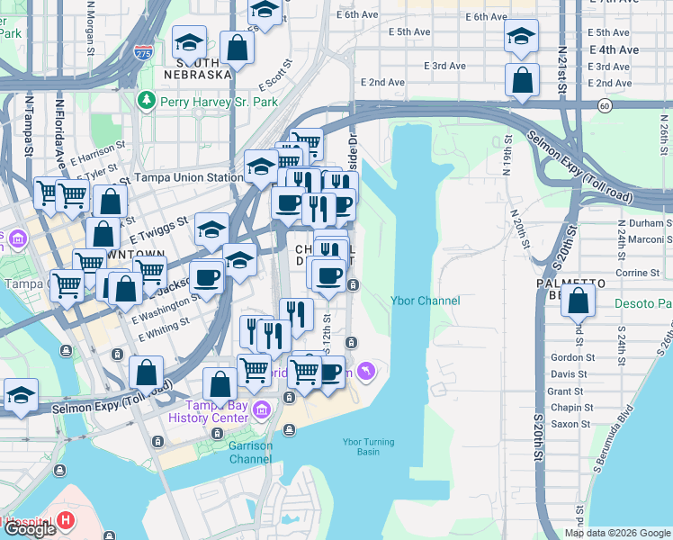 map of restaurants, bars, coffee shops, grocery stores, and more near 1316 East Washington Street in Tampa