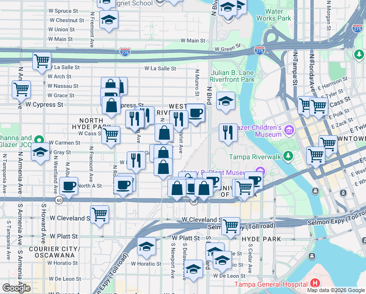 map of restaurants, bars, coffee shops, grocery stores, and more near 602 West Cass Street in Tampa