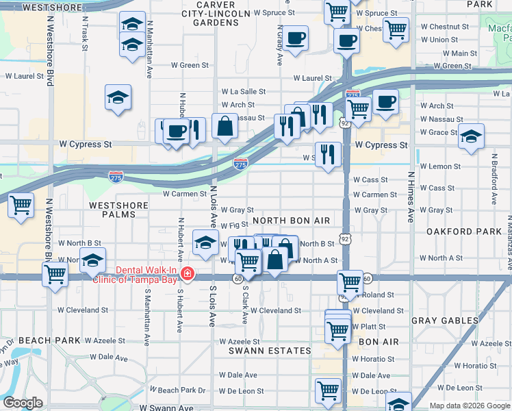 map of restaurants, bars, coffee shops, grocery stores, and more near 4101 West Carmen Street in Tampa