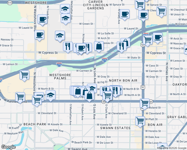map of restaurants, bars, coffee shops, grocery stores, and more near 4119 West Carmen Street in Tampa