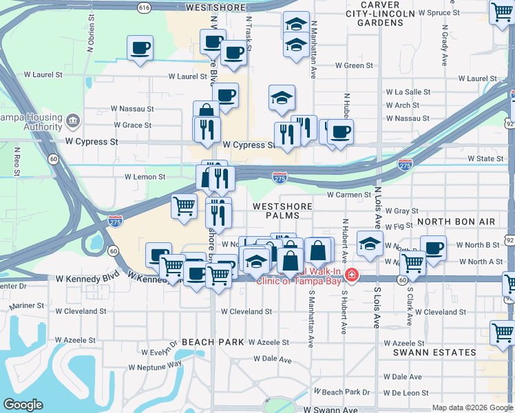 map of restaurants, bars, coffee shops, grocery stores, and more near 4509 West Carmen Street in Tampa