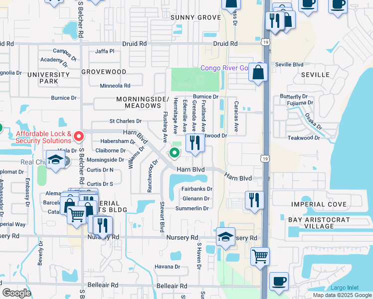 map of restaurants, bars, coffee shops, grocery stores, and more near 2445 Brentwood Drive in Clearwater