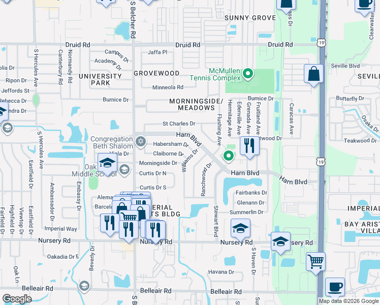 map of restaurants, bars, coffee shops, grocery stores, and more near 2284 Habersham Drive in Clearwater