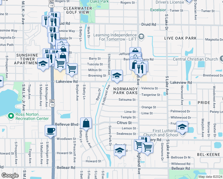 map of restaurants, bars, coffee shops, grocery stores, and more near 1300 South Hillcrest Avenue in Clearwater