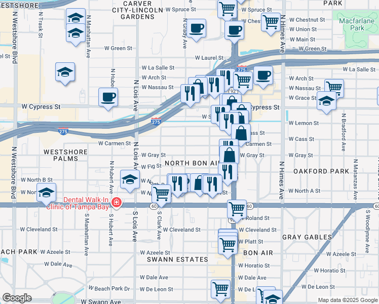 map of restaurants, bars, coffee shops, grocery stores, and more near in Tampa
