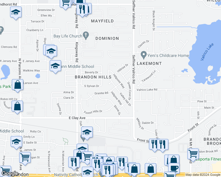map of restaurants, bars, coffee shops, grocery stores, and more near 816 Granite Road in Brandon
