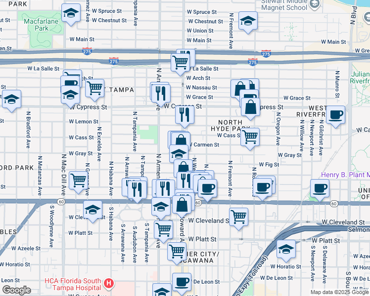 map of restaurants, bars, coffee shops, grocery stores, and more near 522 North Howard Avenue in Tampa