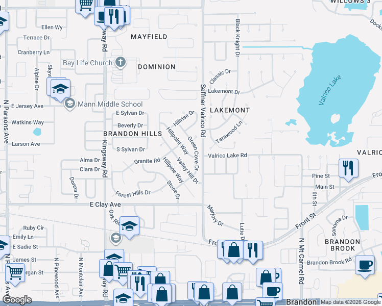 map of restaurants, bars, coffee shops, grocery stores, and more near 710 Green Cove Drive in Brandon
