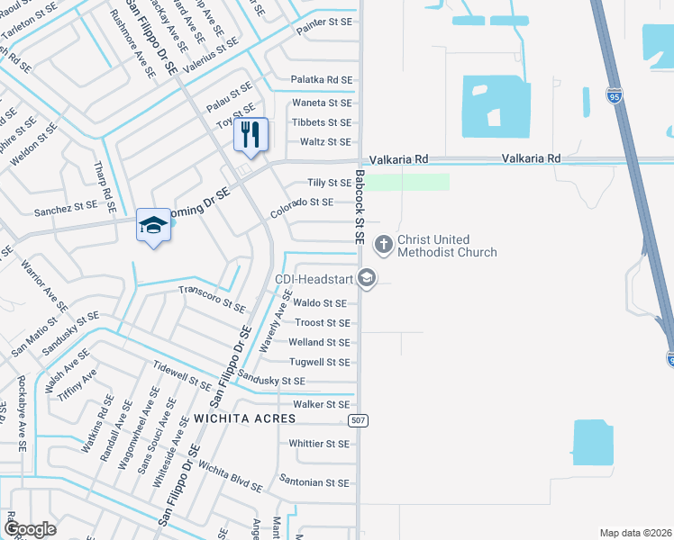 map of restaurants, bars, coffee shops, grocery stores, and more near 1681 Waldrep Street Southeast in Palm Bay
