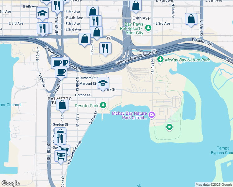 map of restaurants, bars, coffee shops, grocery stores, and more near 2808 East Clark Street in Tampa