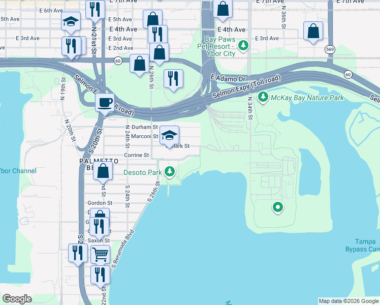 map of restaurants, bars, coffee shops, grocery stores, and more near 2808 East Clark Street in Tampa
