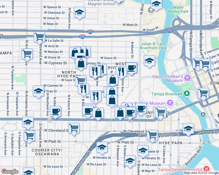 map of restaurants, bars, coffee shops, grocery stores, and more near 608 North Willow Avenue in Tampa