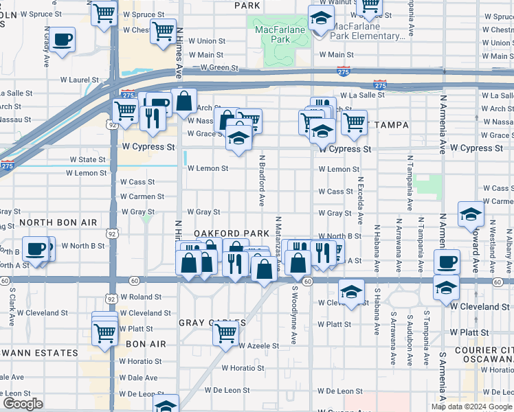 map of restaurants, bars, coffee shops, grocery stores, and more near 3214 West Cass Street in Tampa