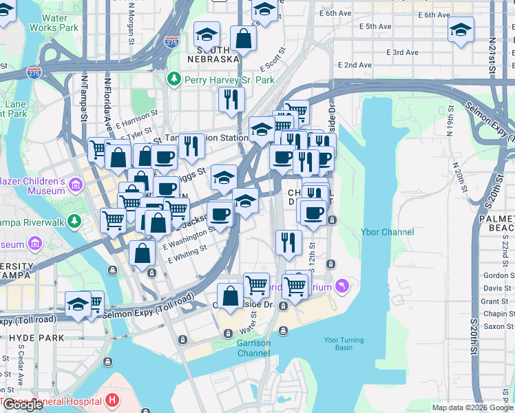 map of restaurants, bars, coffee shops, grocery stores, and more near 1103 East Jackson Street in Tampa
