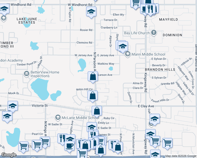 map of restaurants, bars, coffee shops, grocery stores, and more near 104 New Hope Road in Brandon