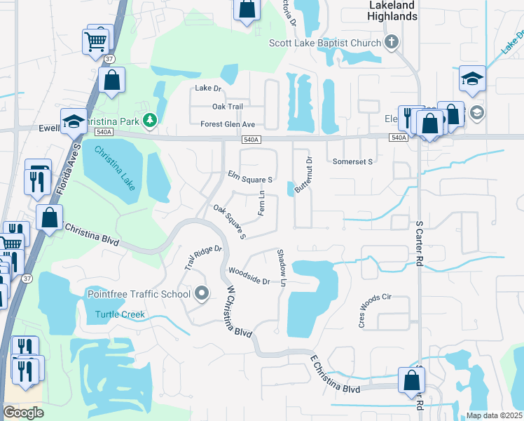 map of restaurants, bars, coffee shops, grocery stores, and more near Fern Lane in Lakeland