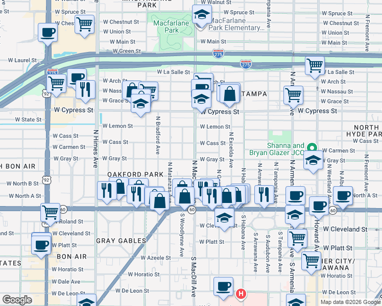 map of restaurants, bars, coffee shops, grocery stores, and more near 3106 West Cass Street in Tampa