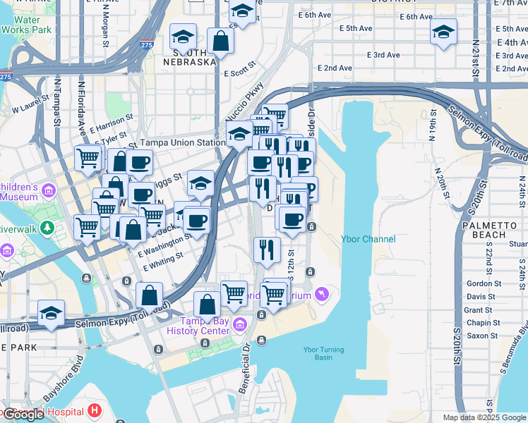map of restaurants, bars, coffee shops, grocery stores, and more near 101 North Meridian Avenue in Tampa