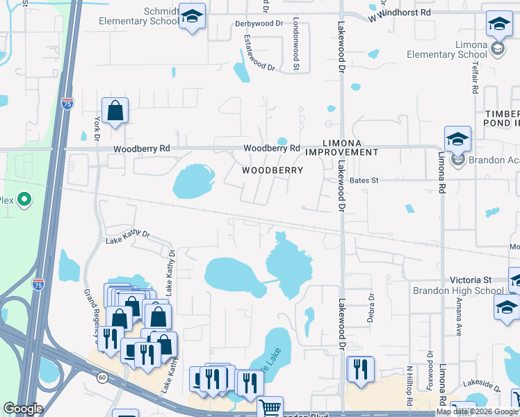 map of restaurants, bars, coffee shops, grocery stores, and more near 705 Erik Lake Road in Brandon