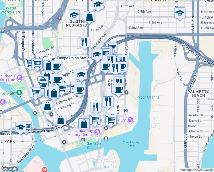 map of restaurants, bars, coffee shops, grocery stores, and more near 202 North Meridian Avenue in Tampa