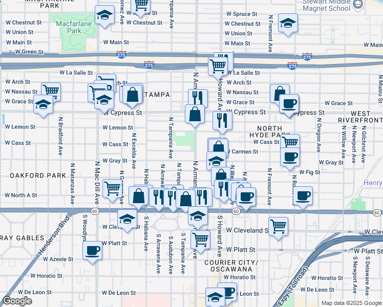 map of restaurants, bars, coffee shops, grocery stores, and more near in Tampa