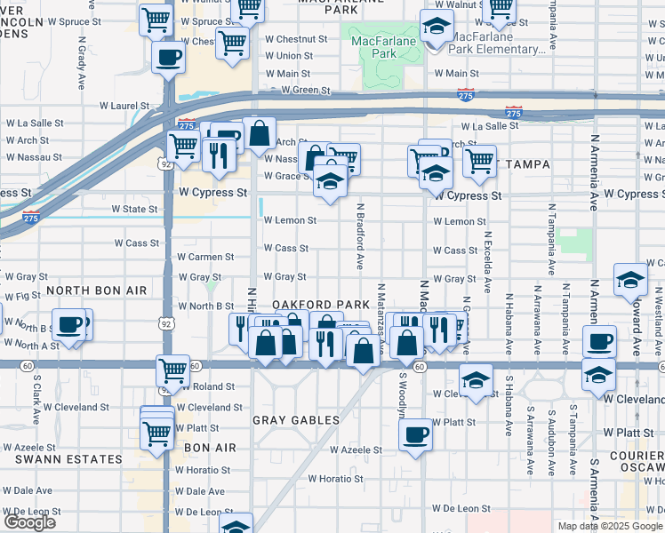 map of restaurants, bars, coffee shops, grocery stores, and more near 3214 West Cass Street in Tampa