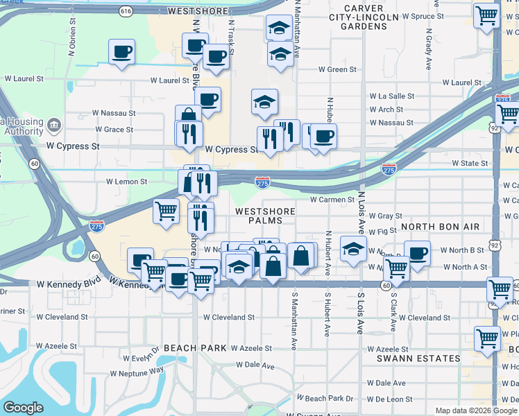 map of restaurants, bars, coffee shops, grocery stores, and more near 4509 West Carmen Street in Tampa