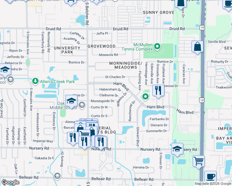 map of restaurants, bars, coffee shops, grocery stores, and more near 2284 Habersham Drive in Clearwater