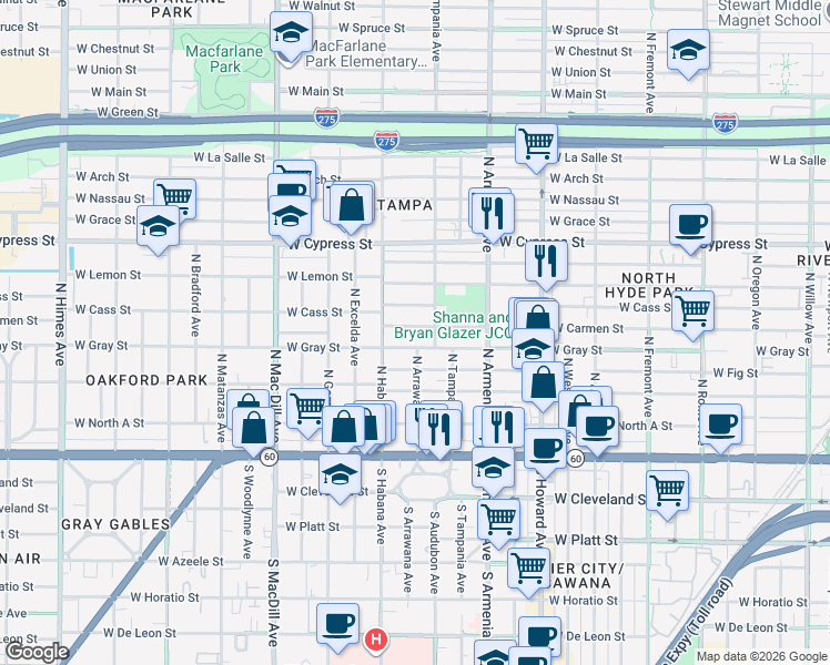 map of restaurants, bars, coffee shops, grocery stores, and more near 2510 West Carmen Street in Tampa