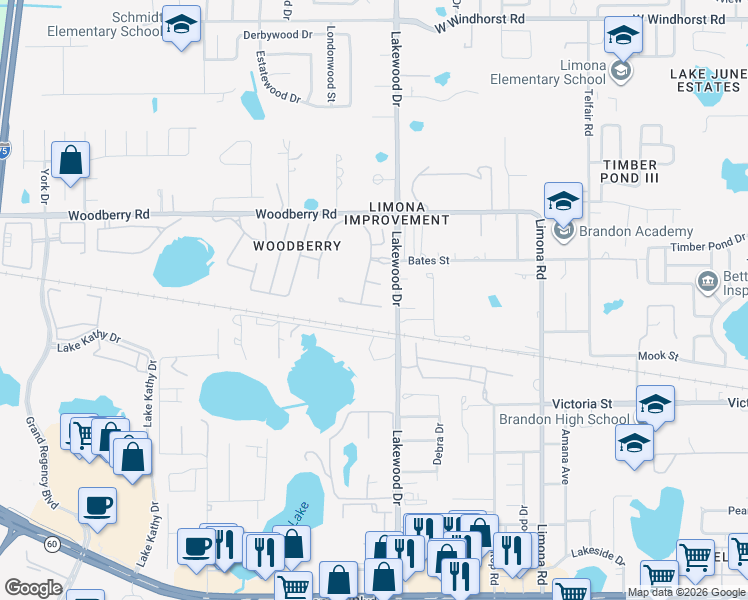 map of restaurants, bars, coffee shops, grocery stores, and more near 1708 Woodmarker Court in Brandon