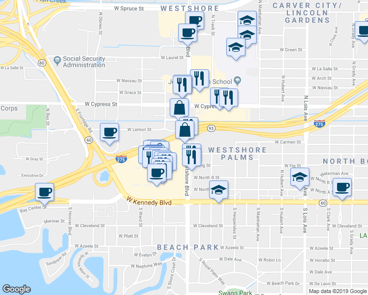 map of restaurants, bars, coffee shops, grocery stores, and more near 555 North Westshore Boulevard in Tampa