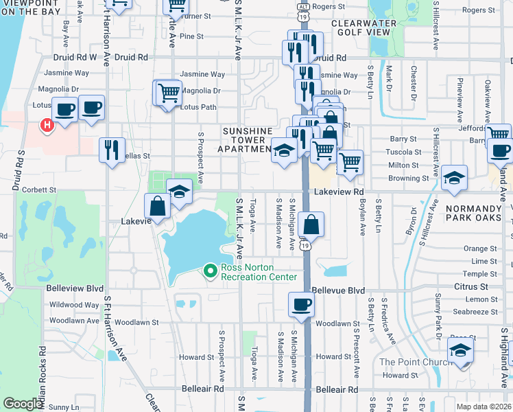 map of restaurants, bars, coffee shops, grocery stores, and more near 1312 Tioga Avenue in Clearwater