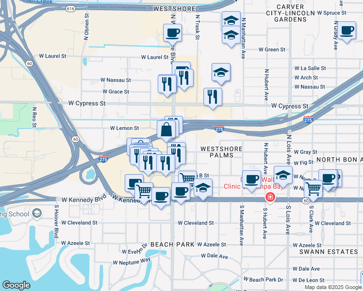 map of restaurants, bars, coffee shops, grocery stores, and more near 555 North Westshore Boulevard in Tampa