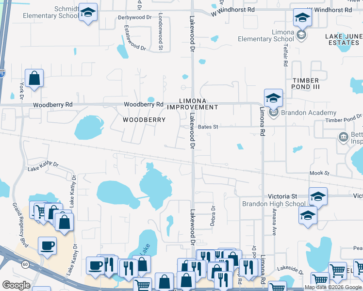map of restaurants, bars, coffee shops, grocery stores, and more near 1708 Woodmarker Court in Brandon