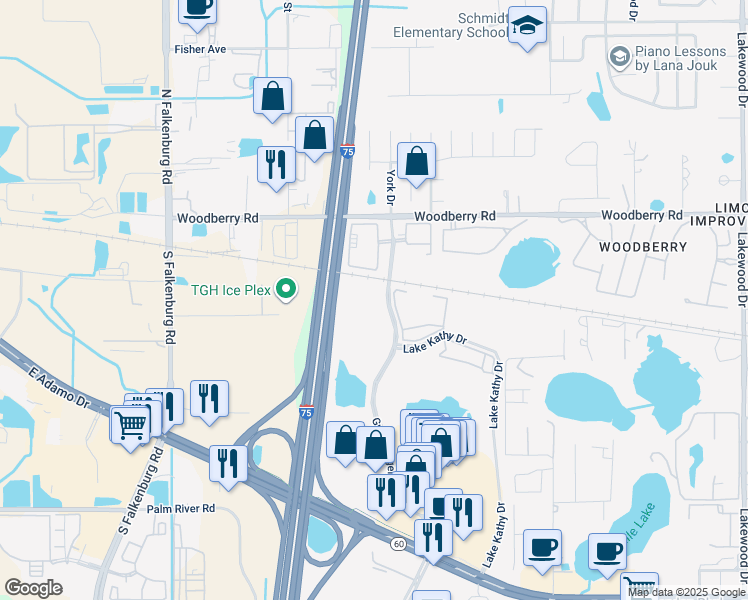 map of restaurants, bars, coffee shops, grocery stores, and more near 636 Grand Regency Boulevard in Brandon