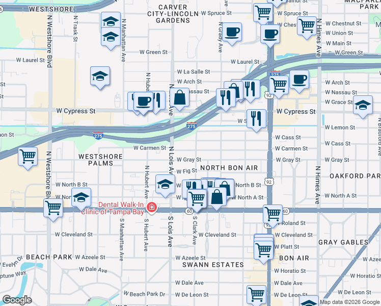 map of restaurants, bars, coffee shops, grocery stores, and more near 4101 West Carmen Street in Tampa