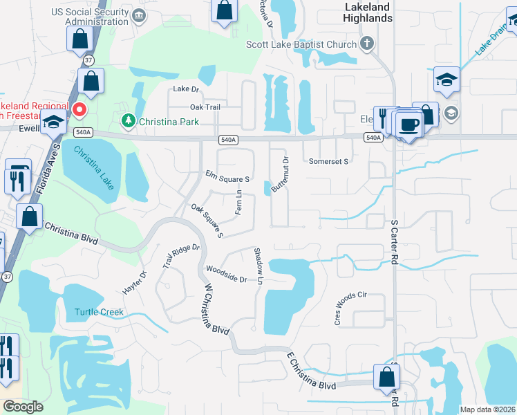 map of restaurants, bars, coffee shops, grocery stores, and more near 6314 Oak Square East in Lakeland