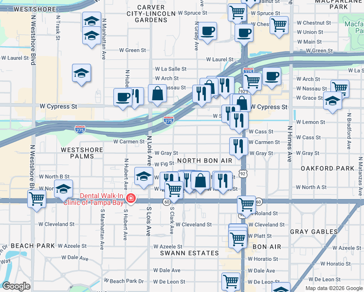 map of restaurants, bars, coffee shops, grocery stores, and more near 4016 West Carmen Street in Tampa