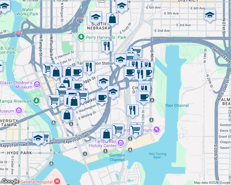 map of restaurants, bars, coffee shops, grocery stores, and more near 1103 East Jackson Street in Tampa