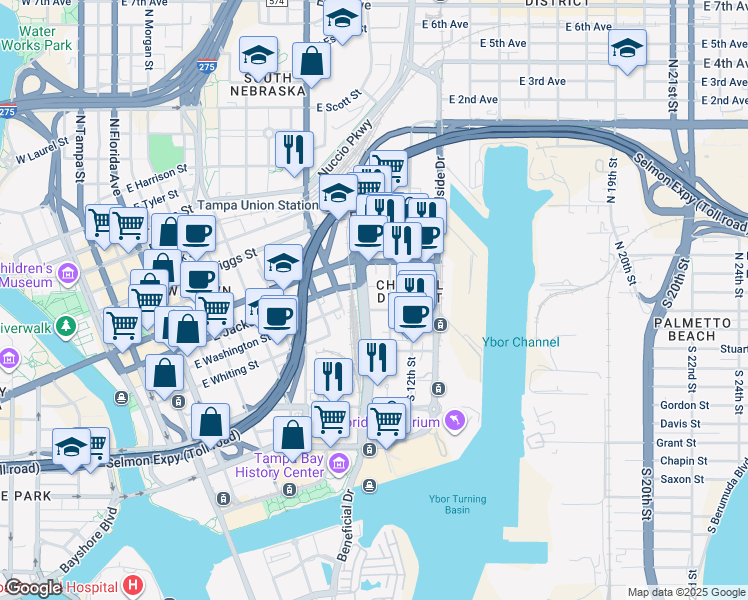 map of restaurants, bars, coffee shops, grocery stores, and more near 1190 East Washington Street in Tampa