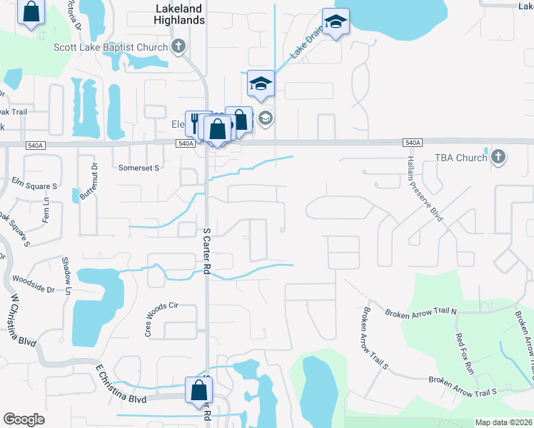 map of restaurants, bars, coffee shops, grocery stores, and more near 1126 Shadowbrook Drive North in Lakeland
