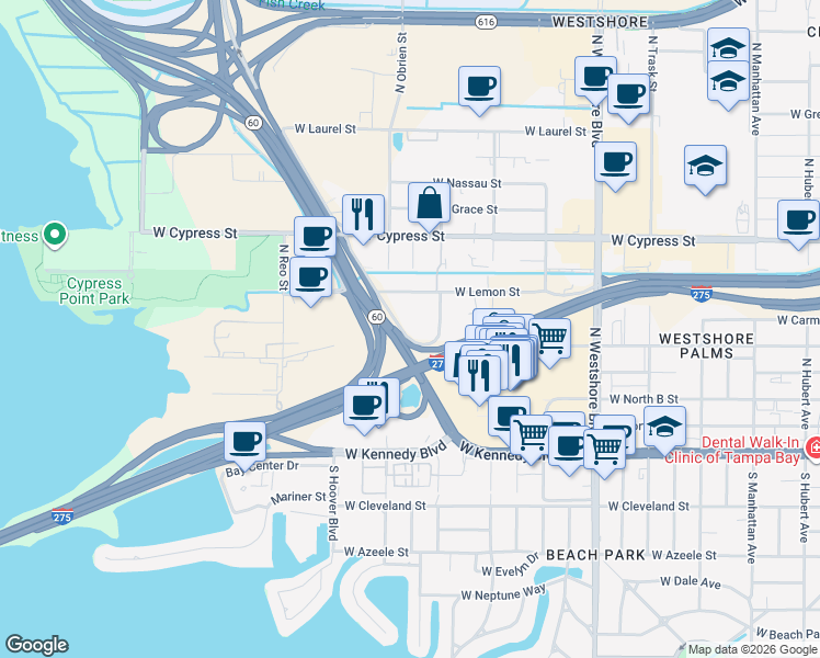 map of restaurants, bars, coffee shops, grocery stores, and more near 5100 West Lemon Street in Tampa