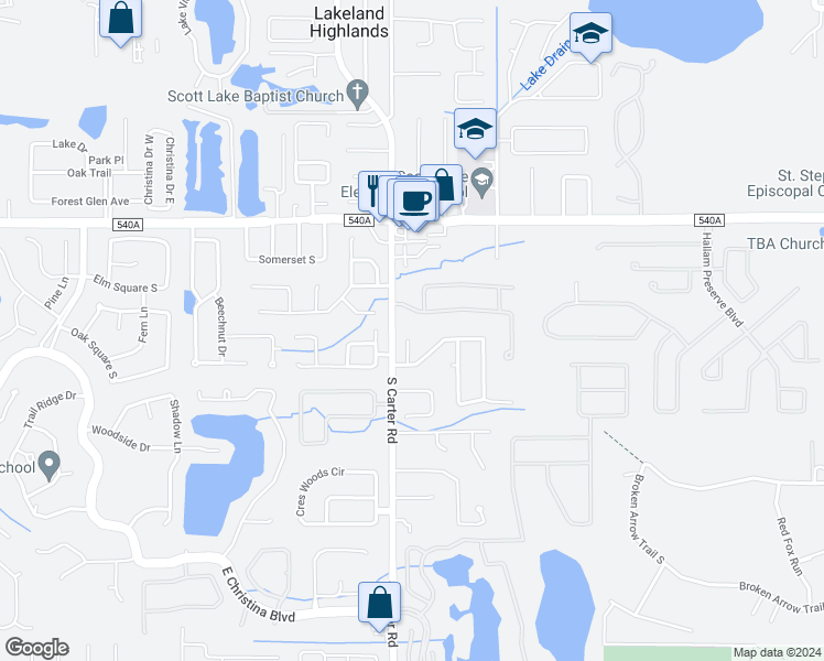map of restaurants, bars, coffee shops, grocery stores, and more near 6402 Shadowbrook Lane in Lakeland