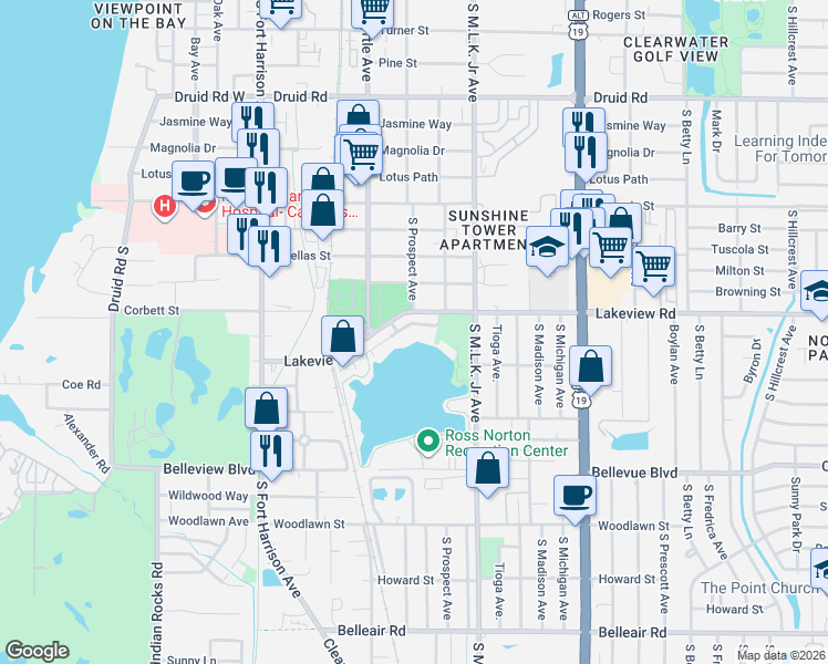 map of restaurants, bars, coffee shops, grocery stores, and more near 912 Dempsey Street in Clearwater
