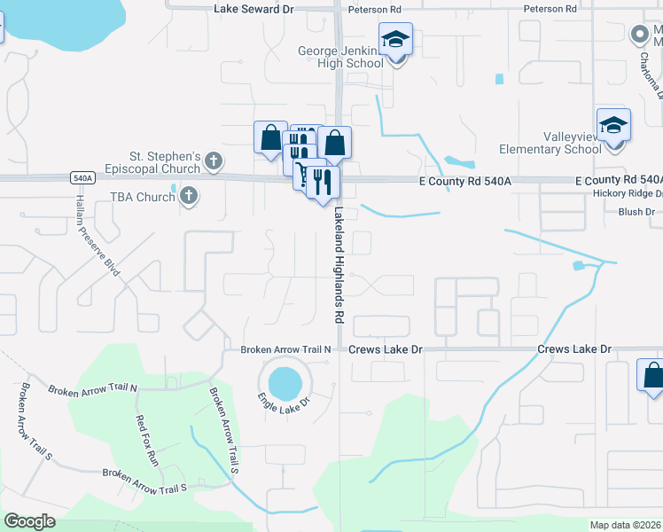 map of restaurants, bars, coffee shops, grocery stores, and more near 6339 Lakeland Highlands Road in Lakeland