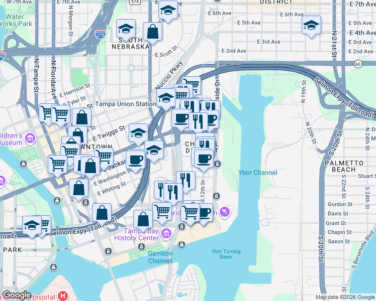 map of restaurants, bars, coffee shops, grocery stores, and more near 1190 East Washington Street in Tampa