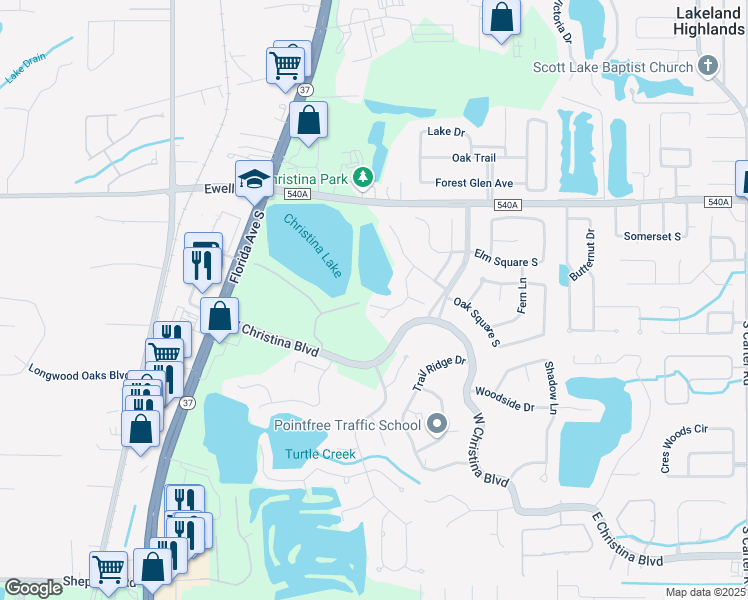 map of restaurants, bars, coffee shops, grocery stores, and more near 6357 Cedar Lane in Lakeland