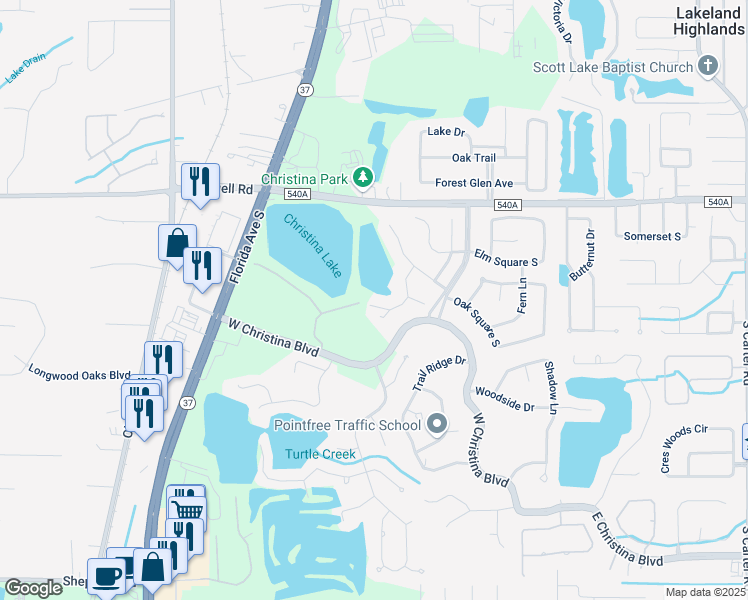 map of restaurants, bars, coffee shops, grocery stores, and more near 6357 Cedar Lane in Lakeland