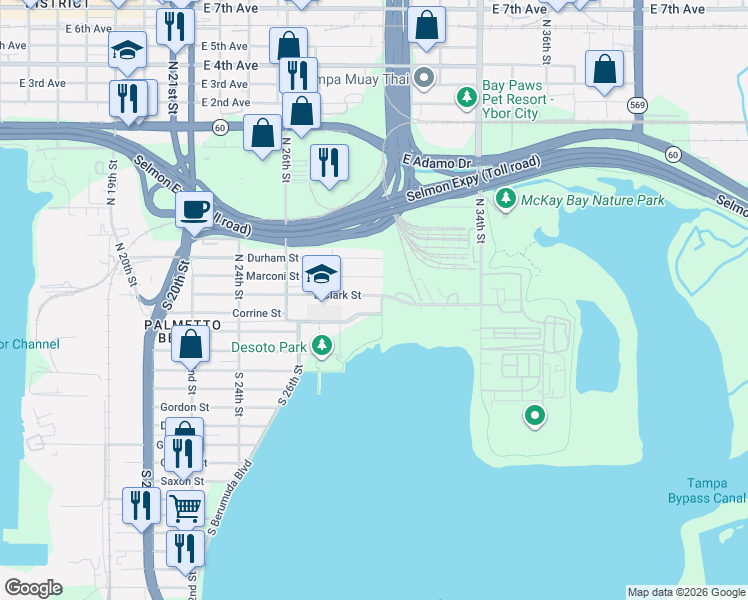 map of restaurants, bars, coffee shops, grocery stores, and more near 2910 Clark Street in Tampa