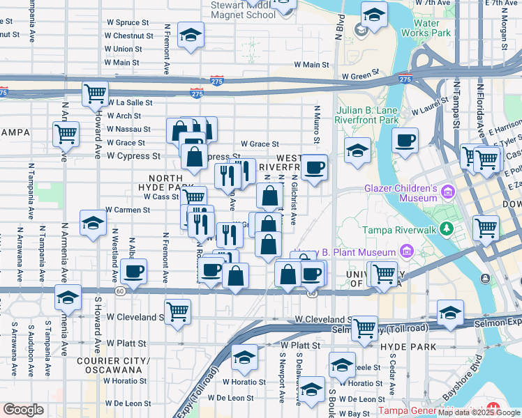 map of restaurants, bars, coffee shops, grocery stores, and more near 608 North Willow Avenue in Tampa